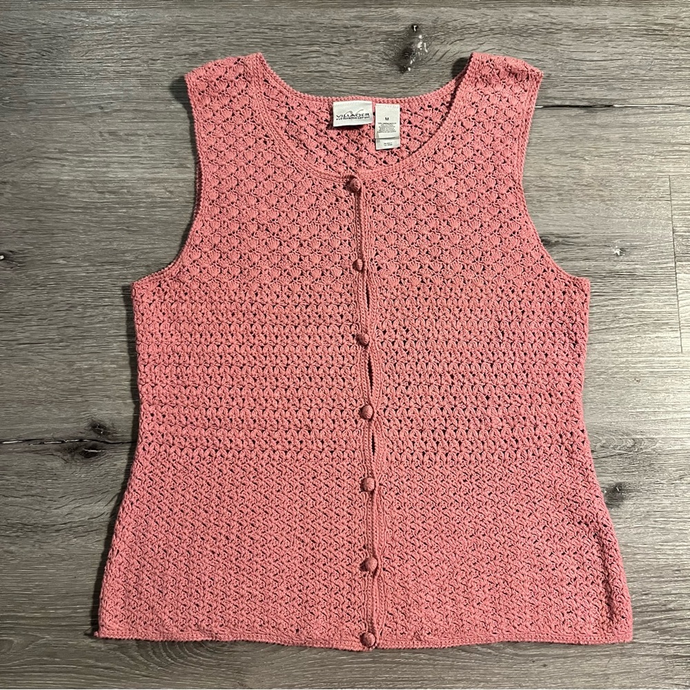 Vintage Villager Liz Claiborne 90s Pink Crochet Knit Vest Cottagecore Prairie